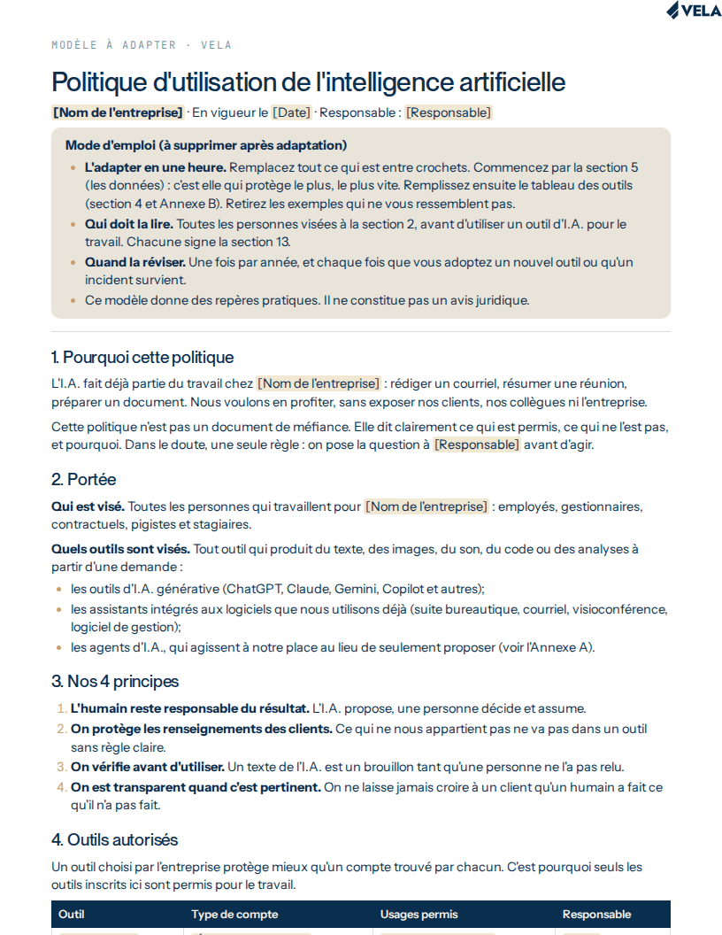 Aperçu de la première page du modèle de politique d’utilisation de l’I.A.